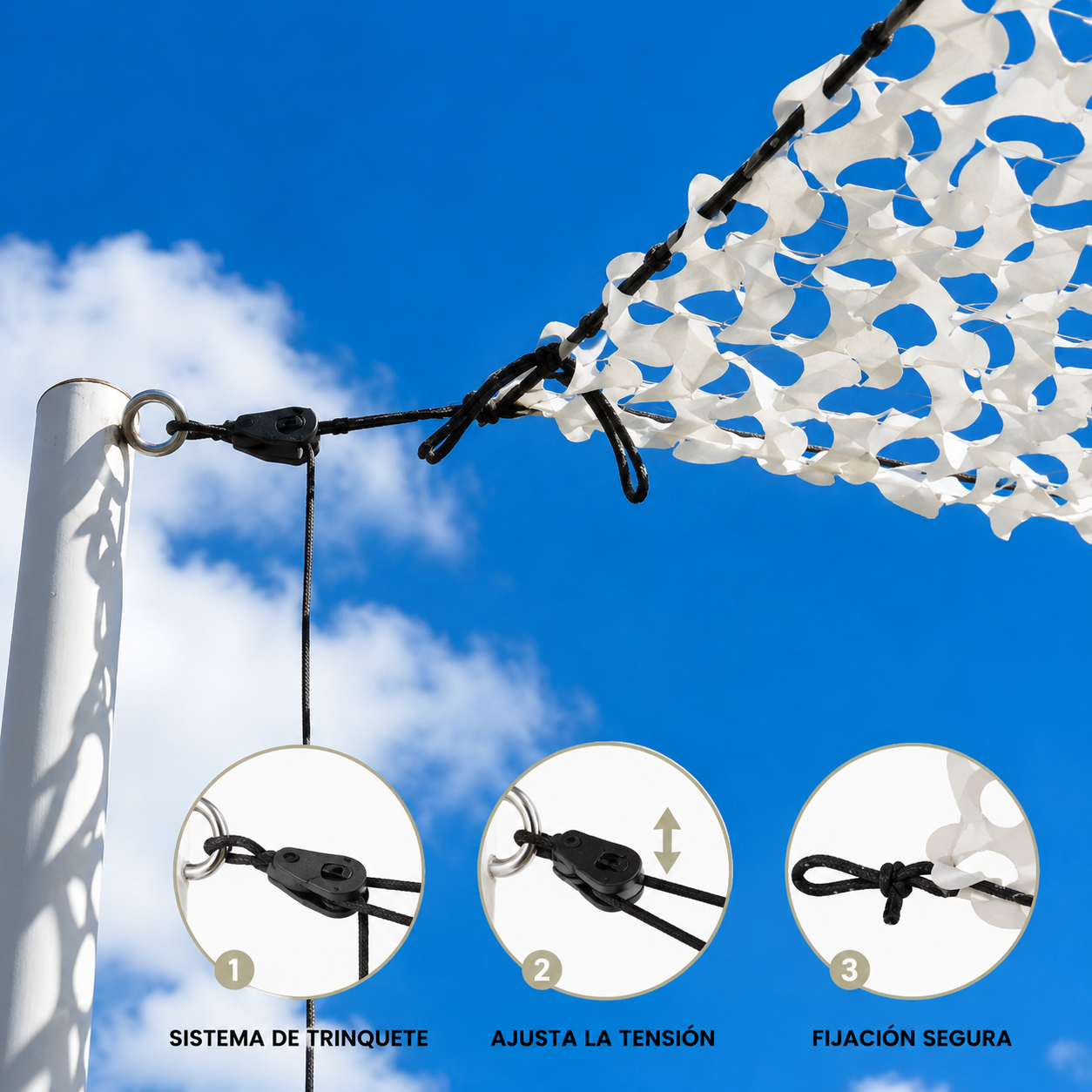 Cuerdas con trinquete ajustables para red de camuflaje - Lote de 4